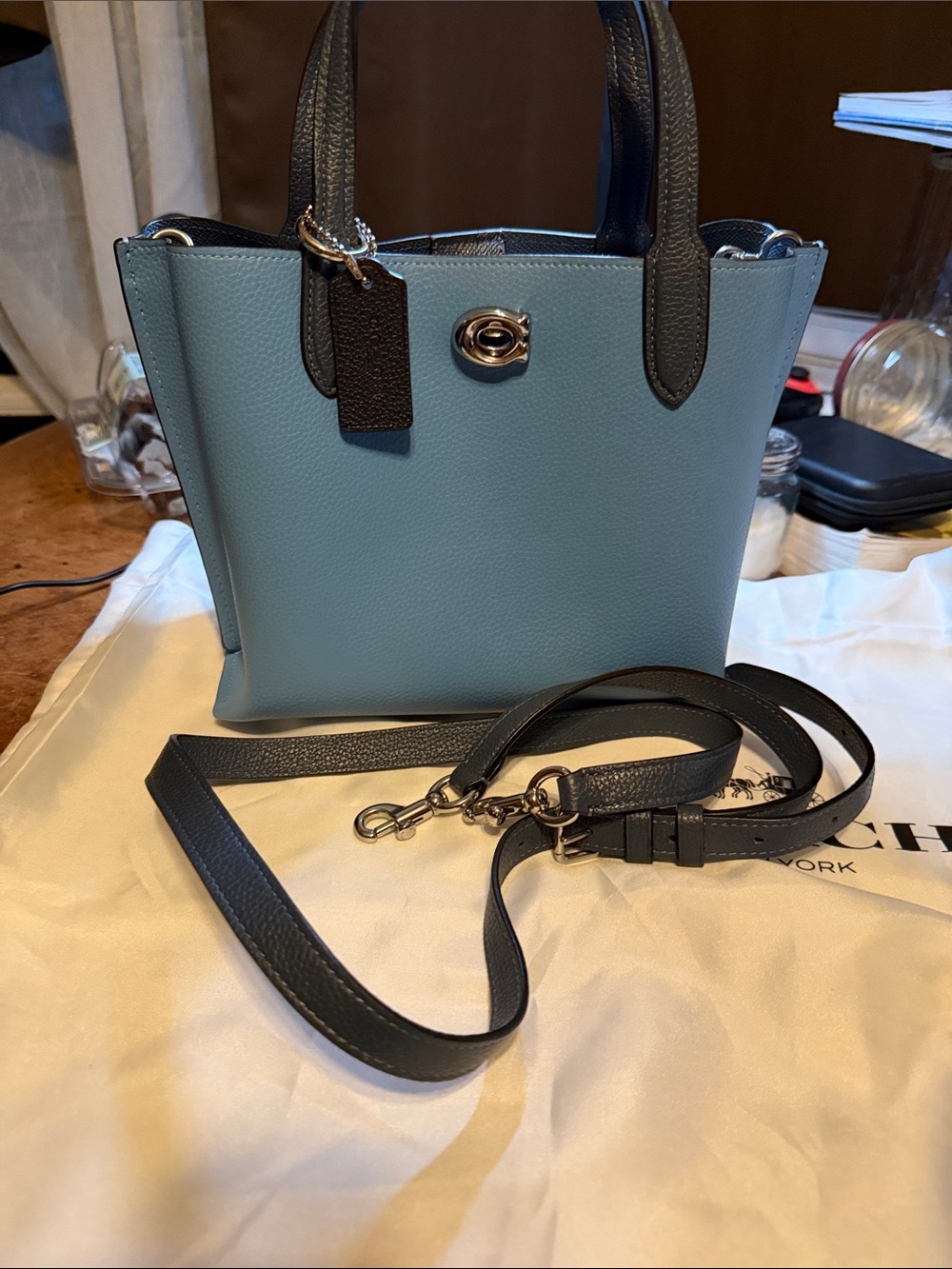Coach Blue and Black Pebbled Leather Crossbody Tote